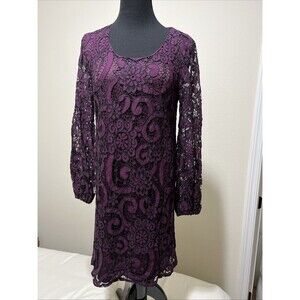 Sunday in Brooklyn Dress S Purple Lace Overlay Lined Long Sheer Sleeve Shift